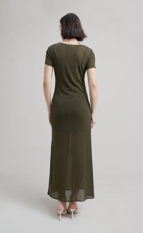 Glitter Mesh SS Midi Dress Khaki