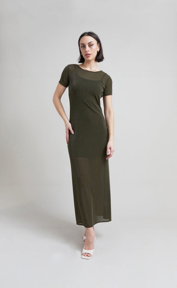 Glitter Mesh SS Midi Dress Khaki