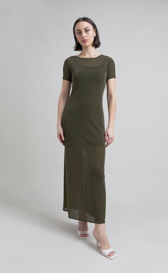 Glitter Mesh SS Midi Dress Khaki