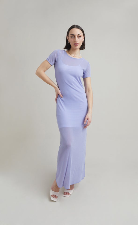 Glitter Mesh SS Midi Dress Lilac