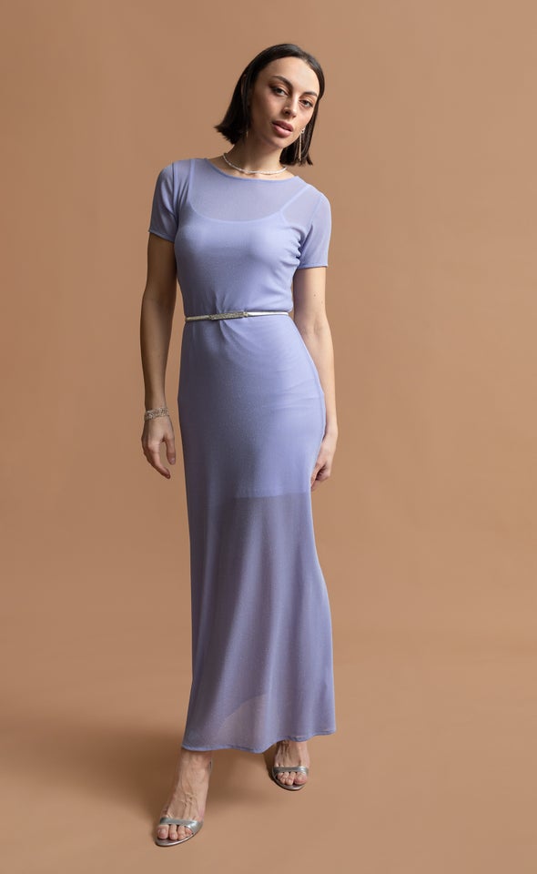 Glitter Mesh SS Midi Dress Lilac
