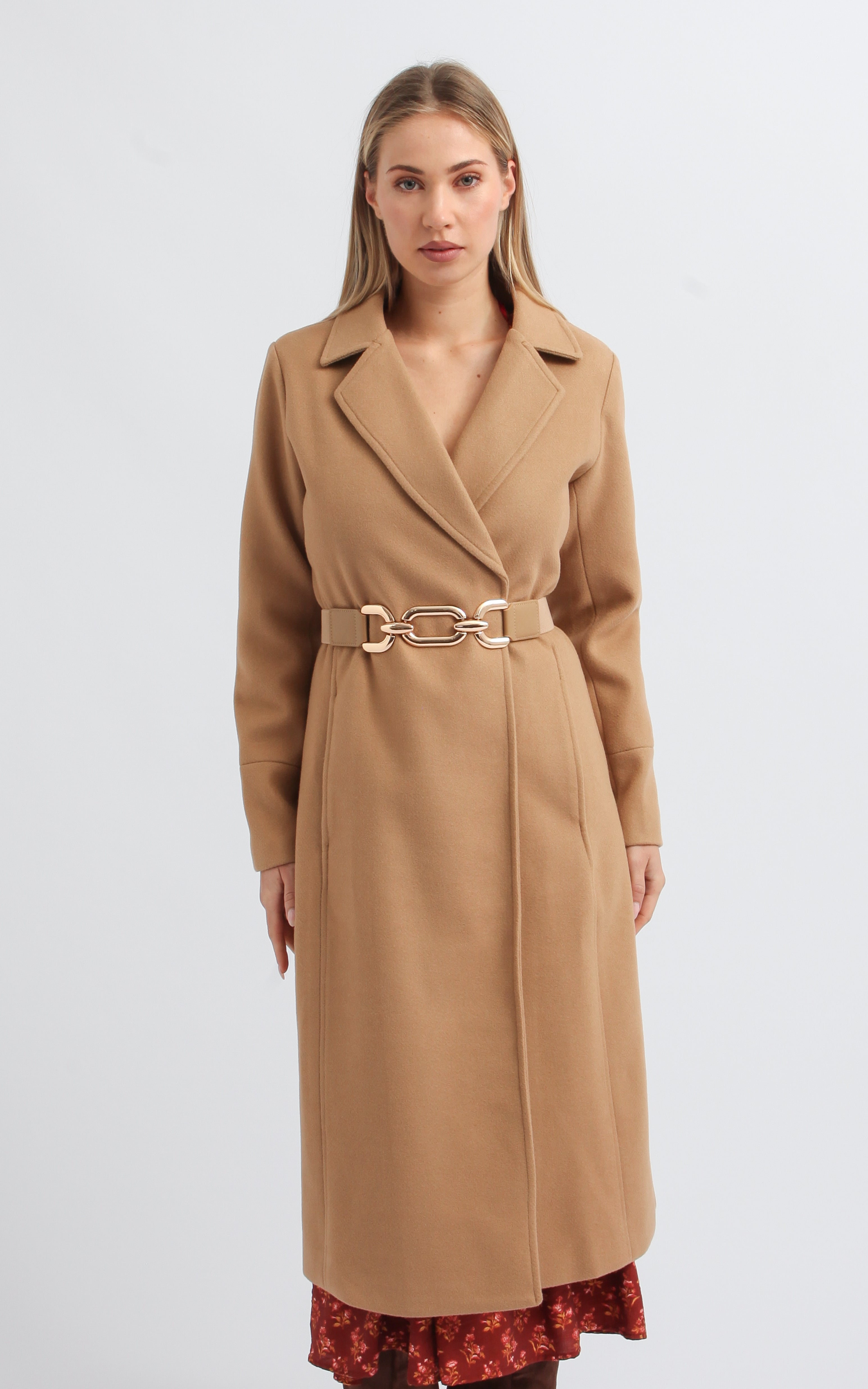 Shop our Gold Link Belt Coat in Camel | Pagani