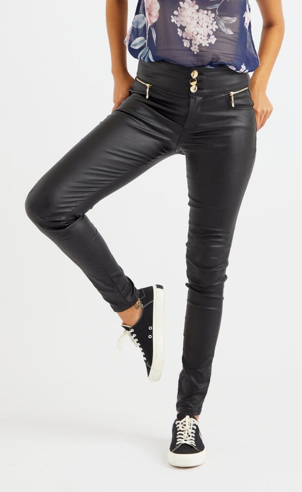 Gold Zip Coated Skinnys Black