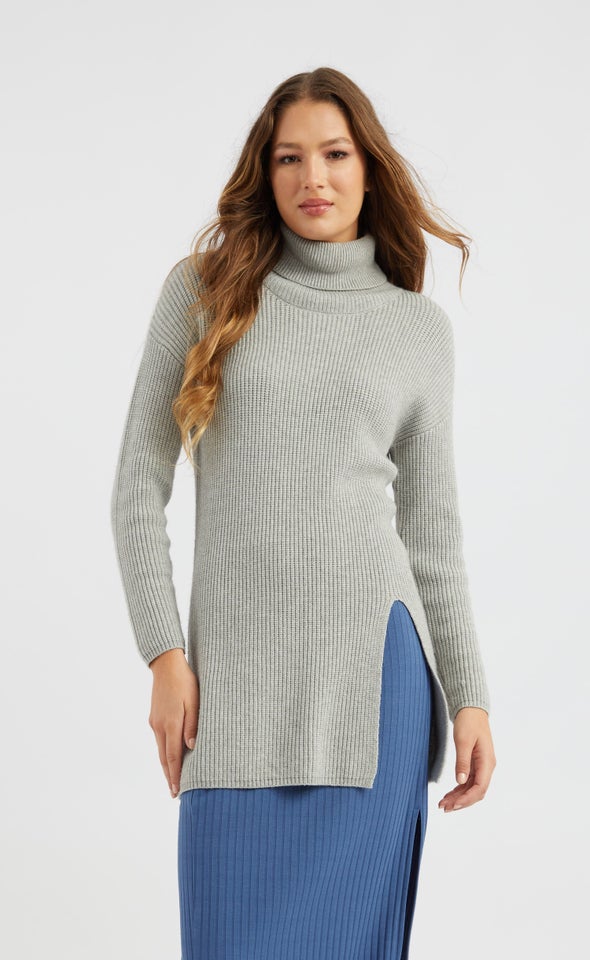 Roll Neck Front Split Tunic Grey Marle