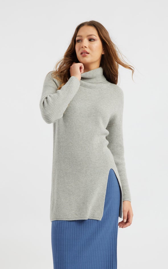 Roll Neck Front Split Tunic Grey Marle