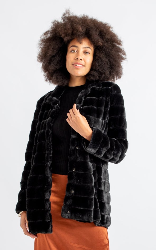 High Collar Faux Fur Coat Black