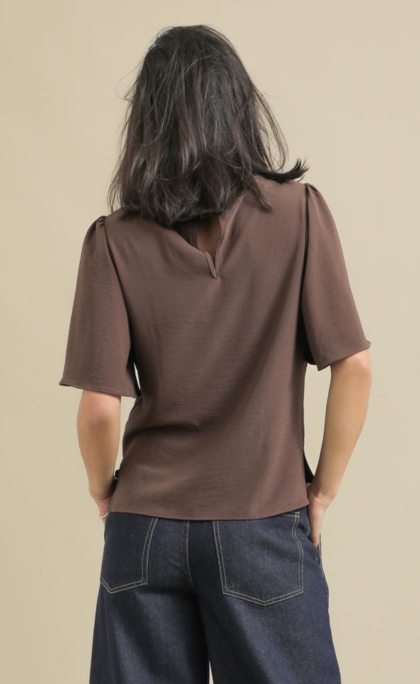 High Cowl Flutter Sleeve Top Cocoa
