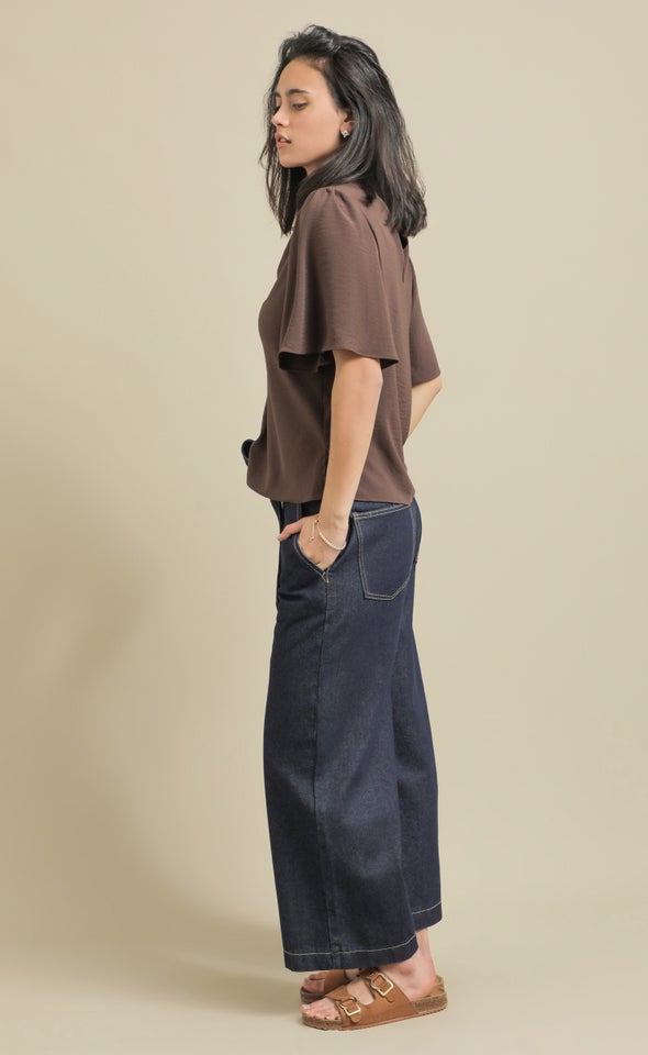 High Cowl Flutter Sleeve Top Cocoa