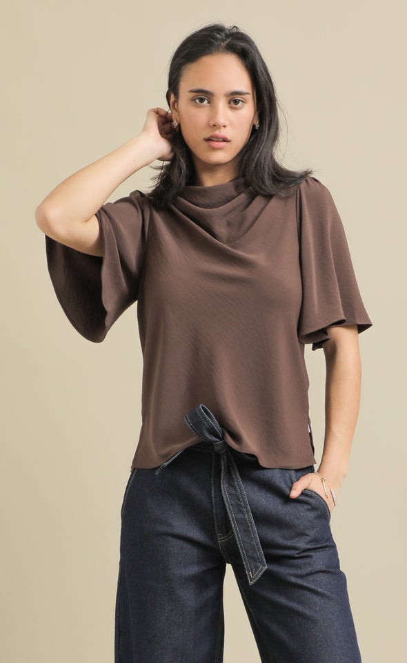 High Cowl Flutter Sleeve Top Cocoa