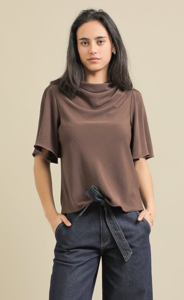 High Cowl Flutter Sleeve Top Cocoa