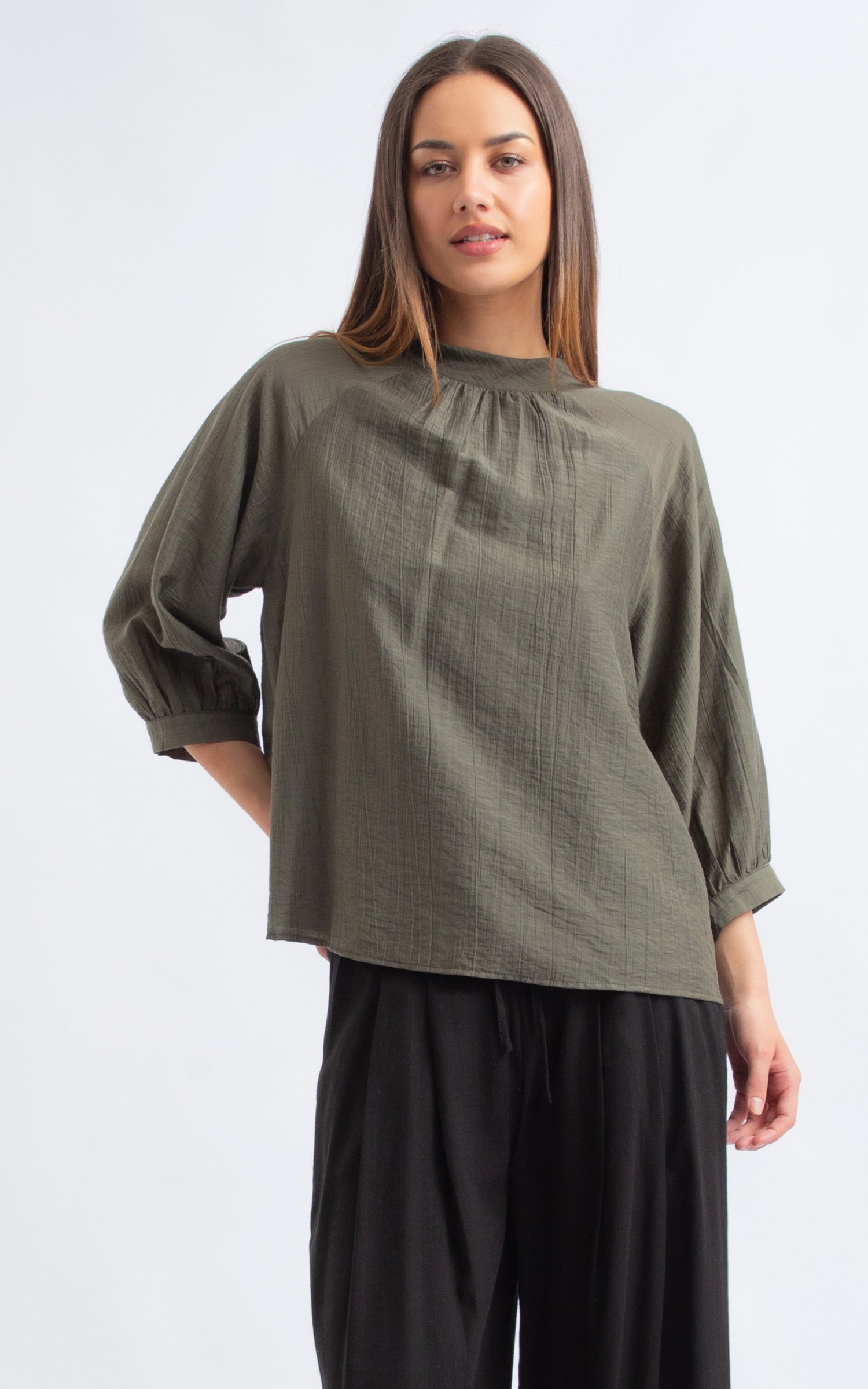 Shop our High Neck Blouson Sleeve Top in Olive | Pagani