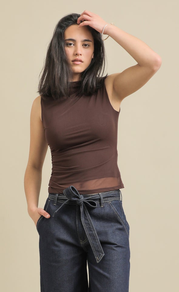 High Neck Mesh Tank Chocolate