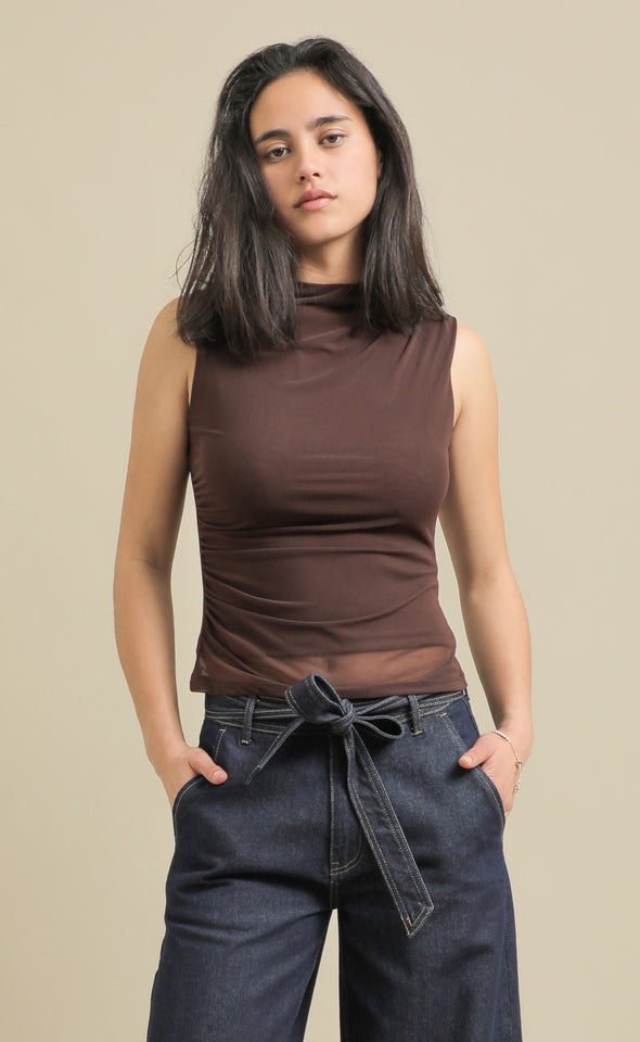 High Neck Mesh Tank Chocolate