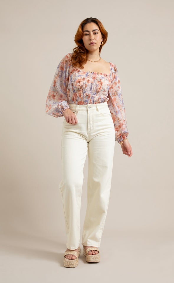 High Waist Relaxed Leg Jeans Ecru