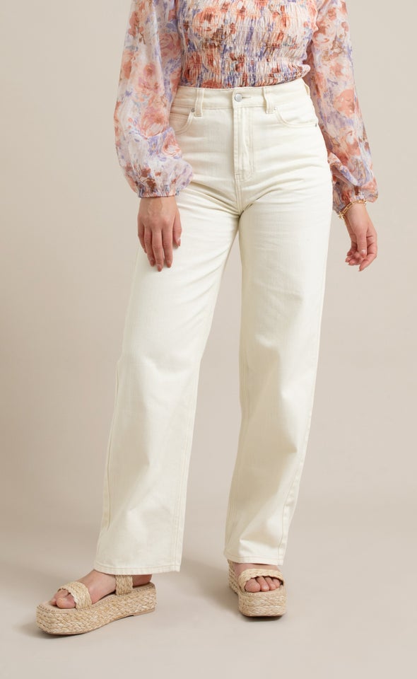 High Waist Relaxed Leg Jeans Ecru