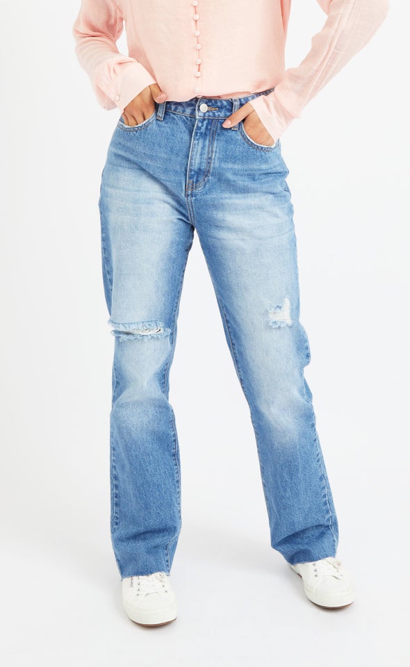 High Waist Ripped Flare Jeans Blue