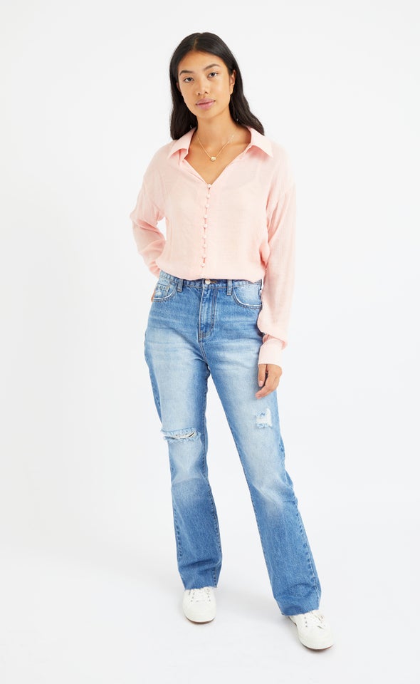 High Waist Ripped Flare Jeans Blue