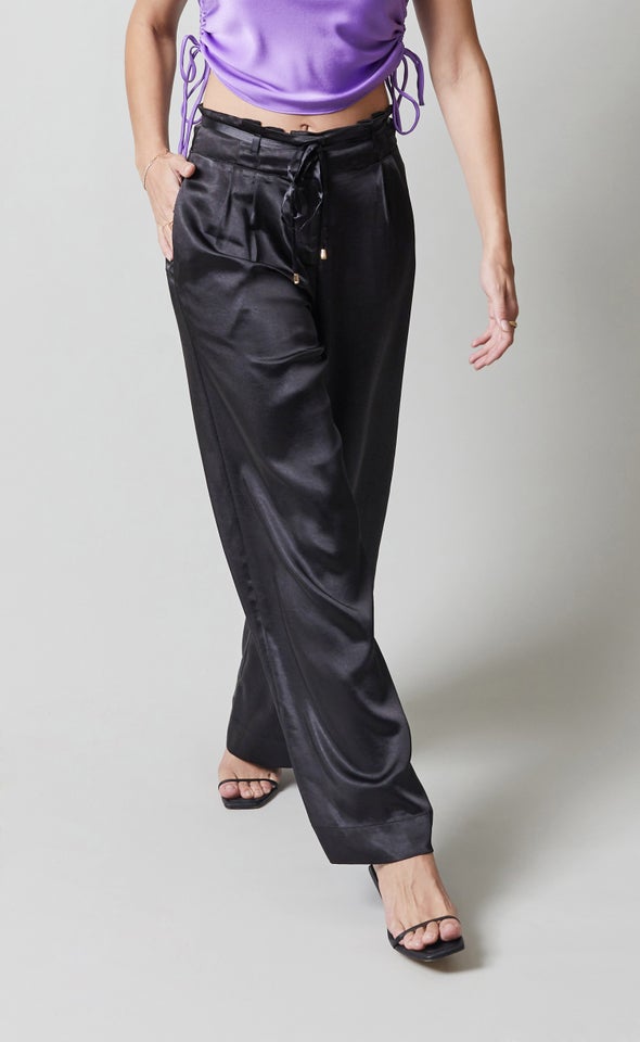 High Waist Satin Pants Black