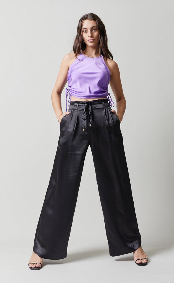 High Waist Satin Pants Black