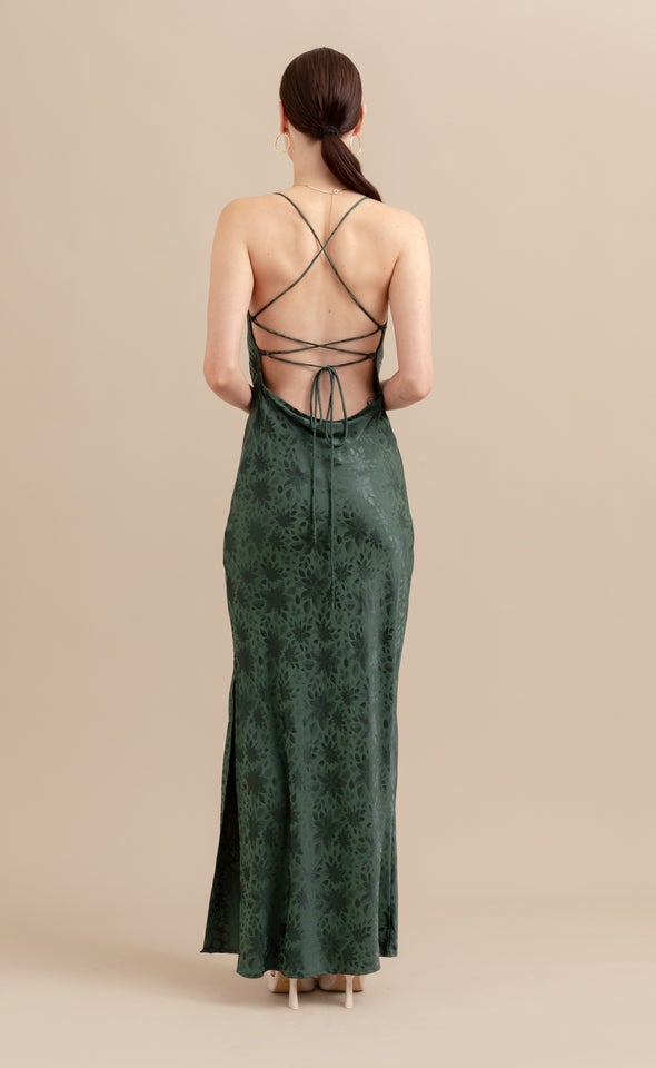 Jacquard Satin Low Cross Back Gown Emerald/floral
