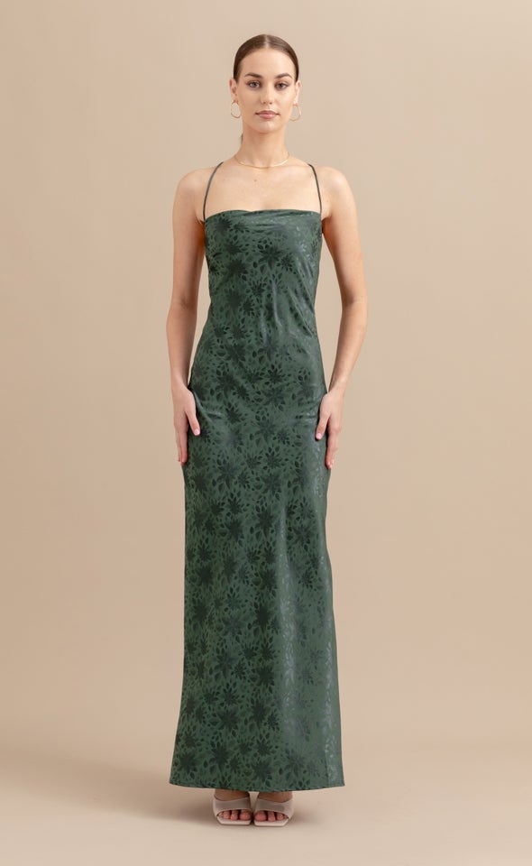 Jacquard Satin Low Cross Back Gown Emerald/floral