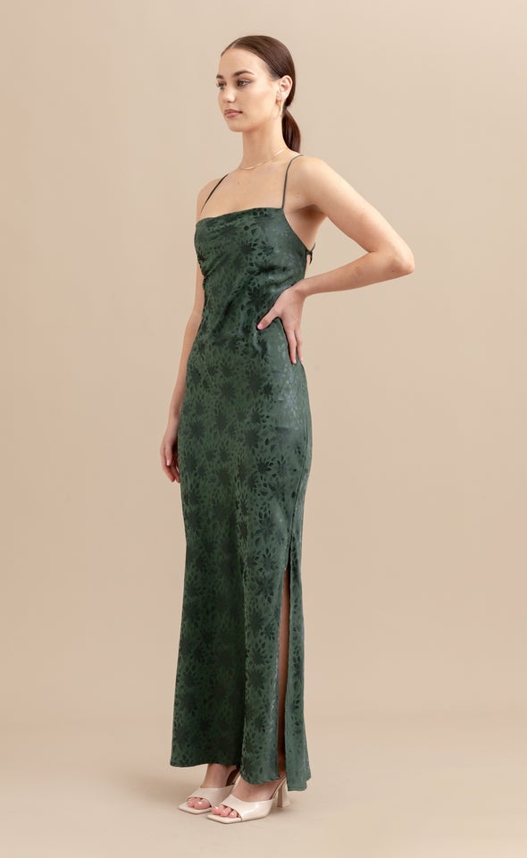 Jacquard Satin Low Cross Back Gown Emerald/floral