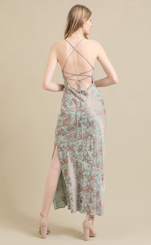 Jacquard Satin Low Cross Back Gown Pink/mint Floral