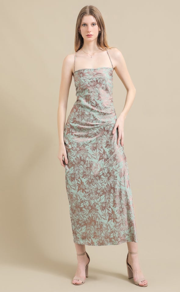 Jacquard Satin Low Cross Back Gown Pink/mint Floral