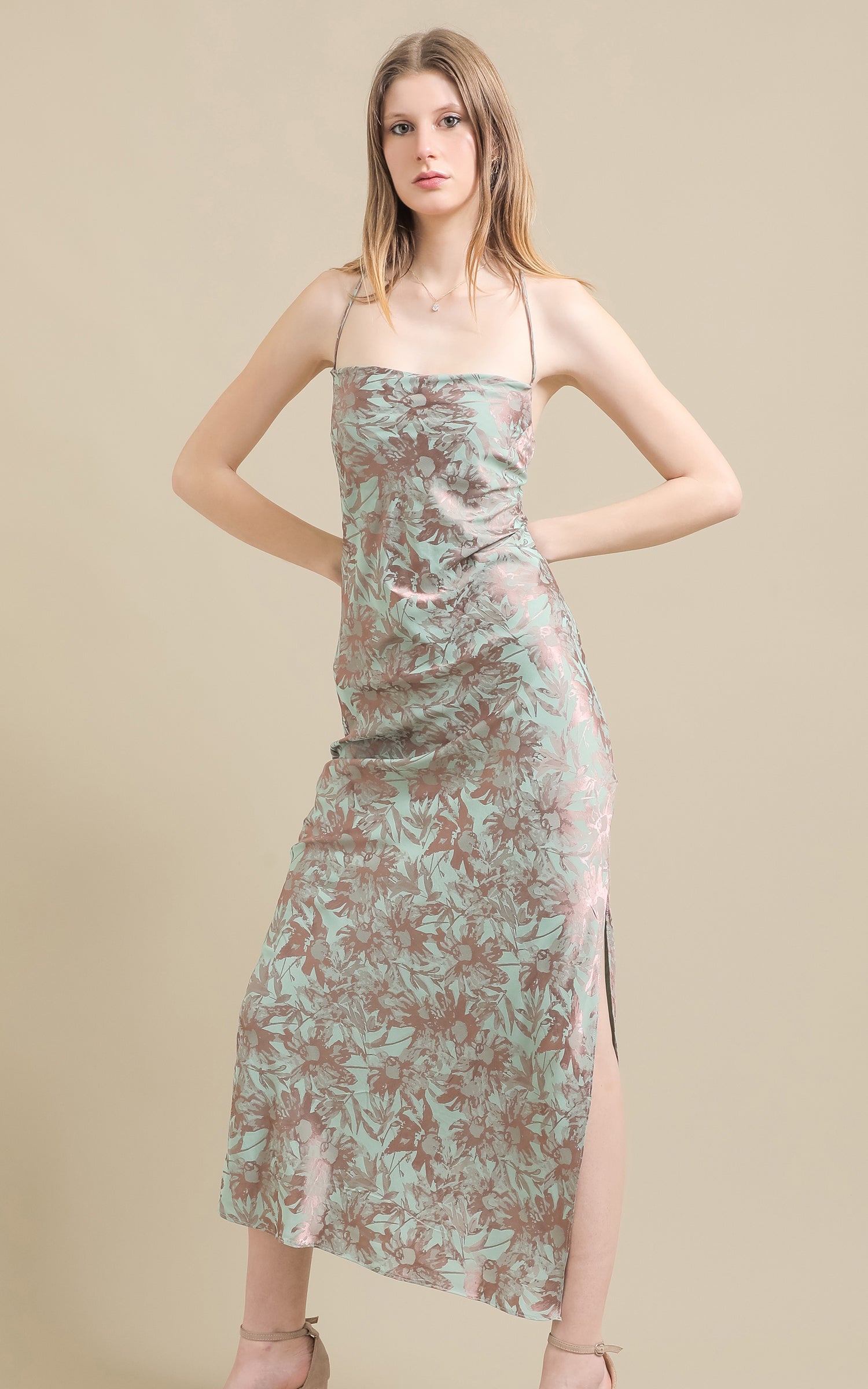 Shop our Jacquard Satin Low Cross Back Gown in Pink/mint floral
