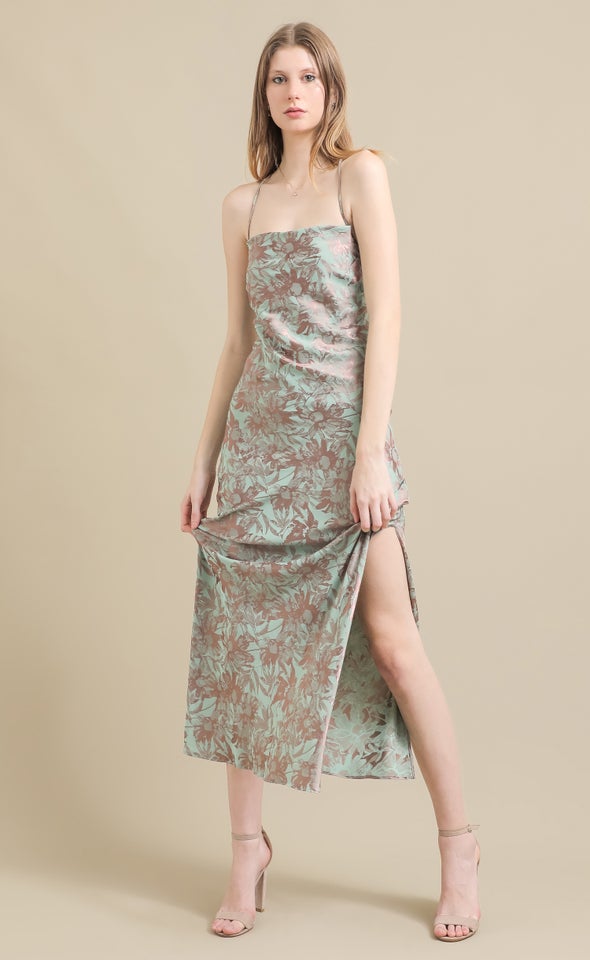 Jacquard Satin Low Cross Back Gown Pink/mint Floral