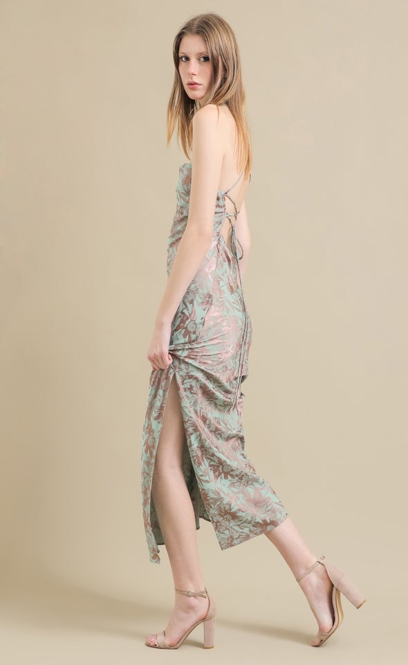 Jacquard Satin Low Cross Back Gown Pink/mint Floral