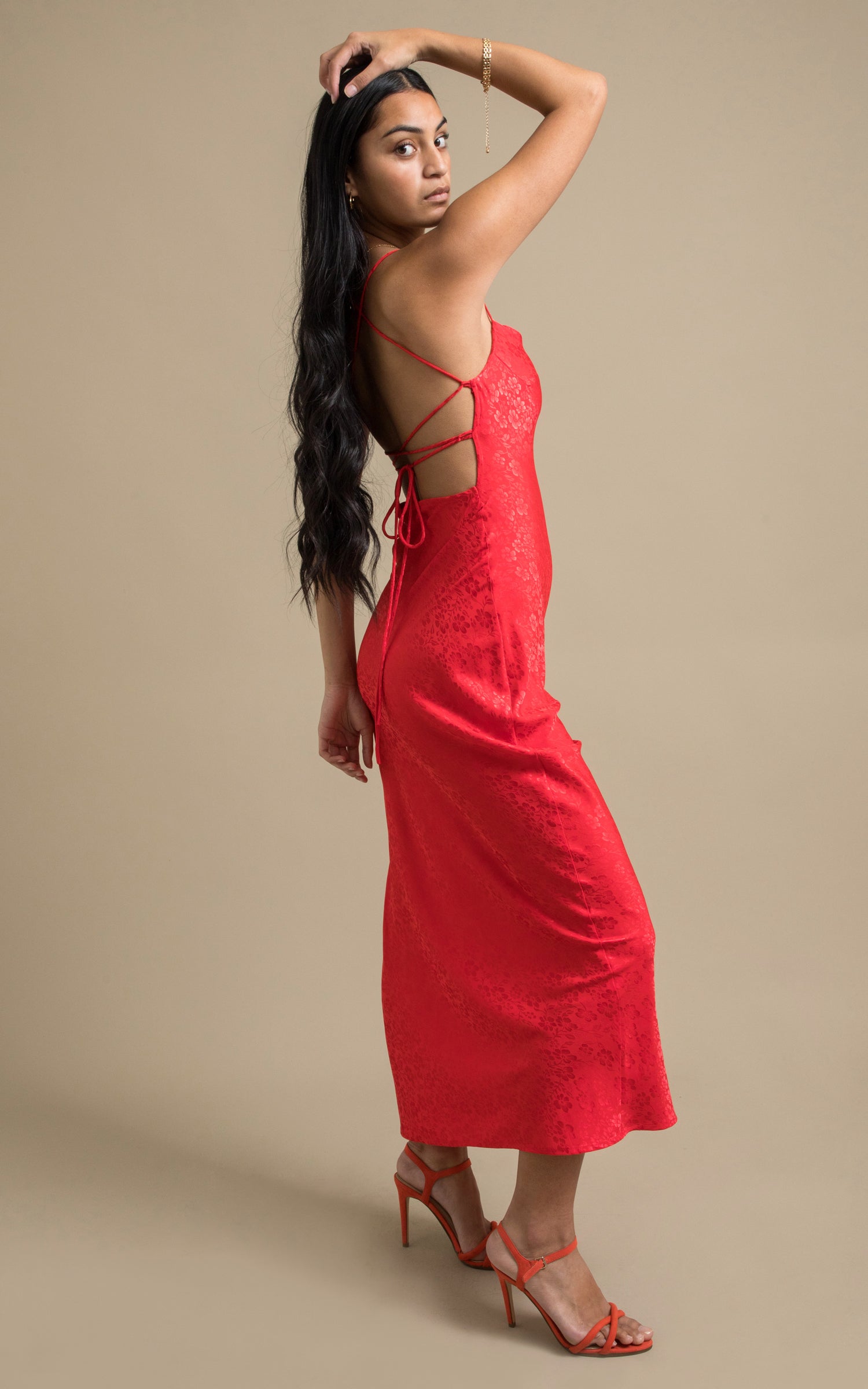 Shop our Jacquard Satin Low Cross Back Gown in Rust/floral | Pagani