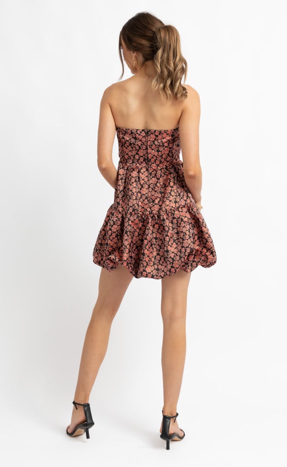 Jacquard Strapless Puff Hem Dress Black/coral