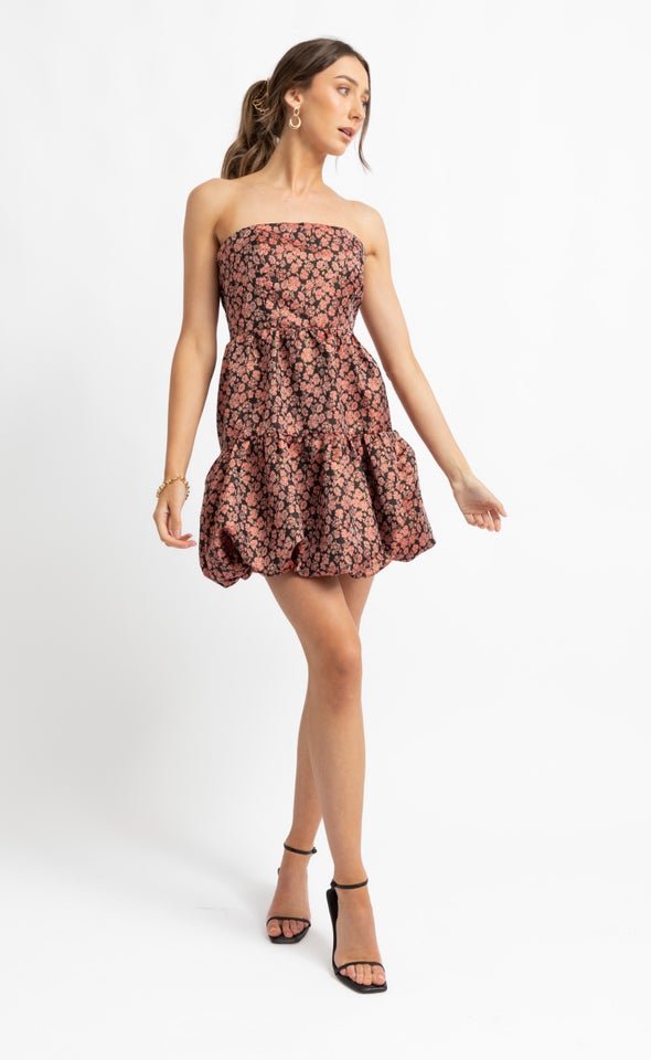 Jacquard Strapless Puff Hem Dress Black/coral