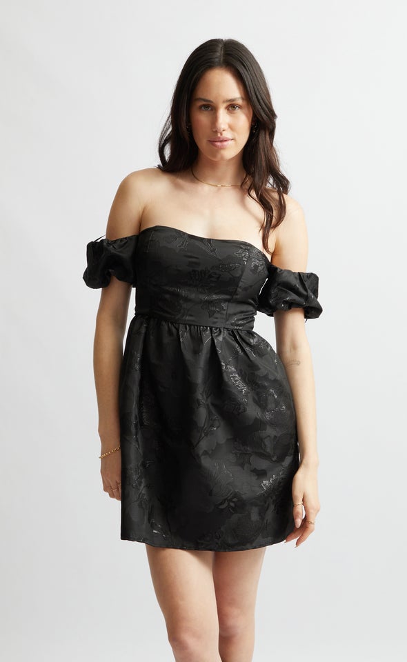 Jacquard Strapless Puff Sleeve Dress Black