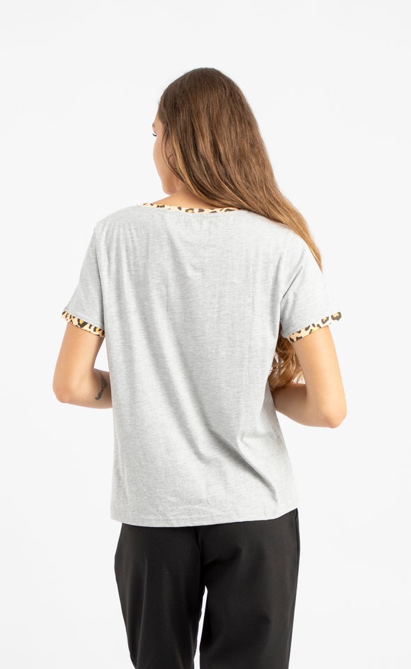 Jersey Animal Contrast Rib Tee Grey Marle