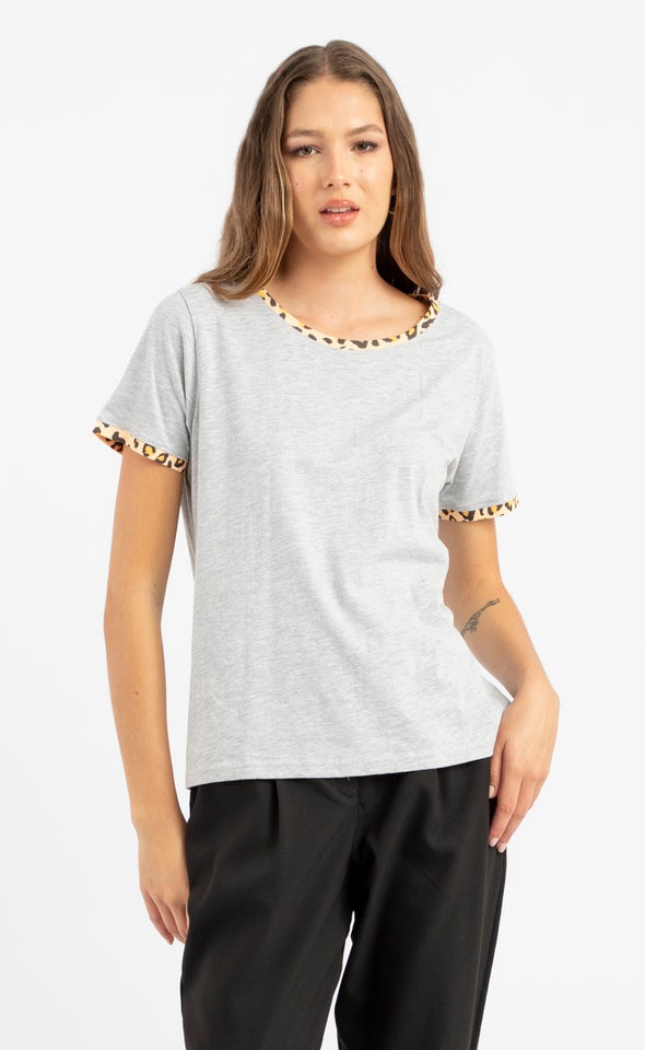 Jersey Animal Contrast Rib Tee Grey Marle