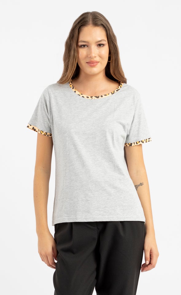 Jersey Animal Contrast Rib Tee Grey Marle