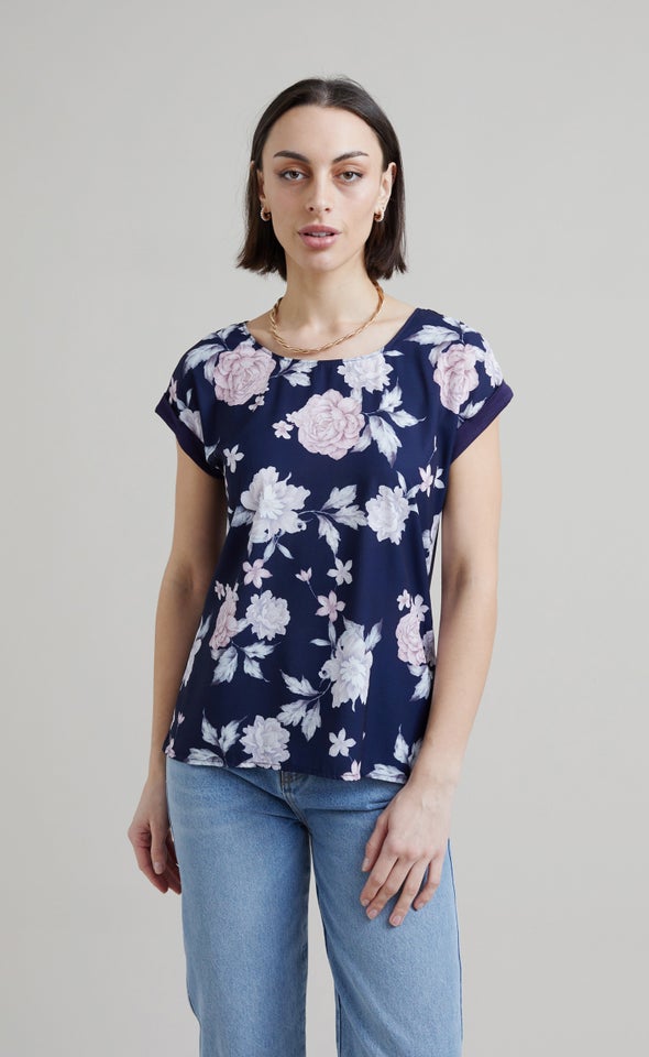 Jersey Back Floral Top Navy/blush Floral