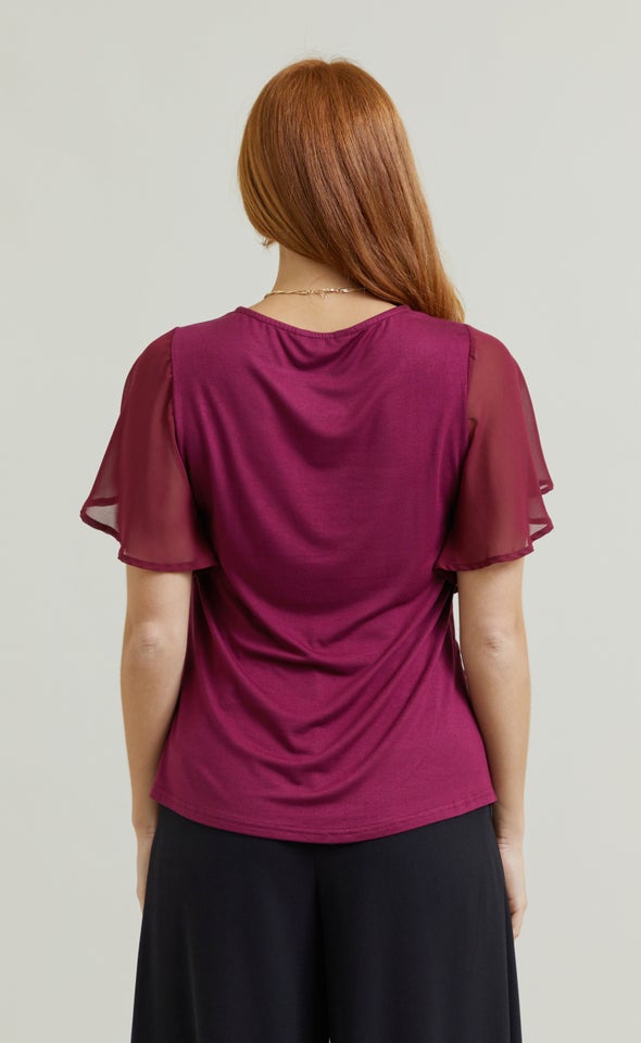 Jersey Back Flutter Sleeve Top Aubergine