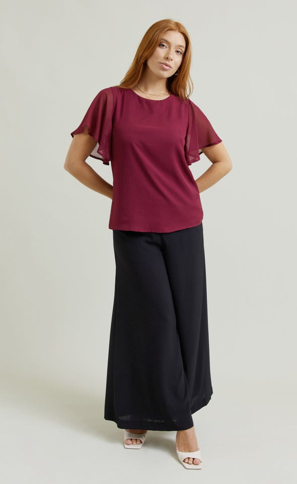 Jersey Back Flutter Sleeve Top Aubergine