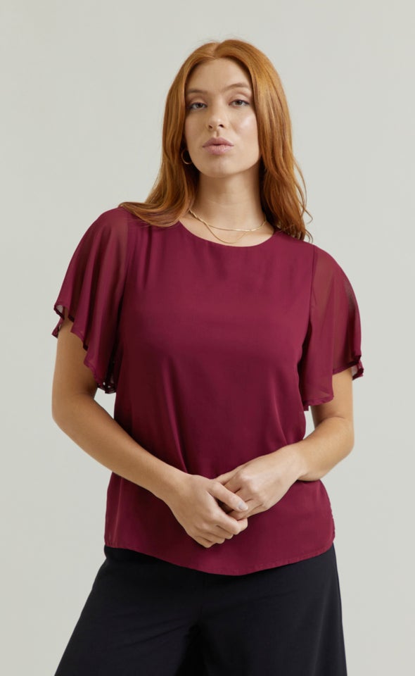 Jersey Back Flutter Sleeve Top Aubergine