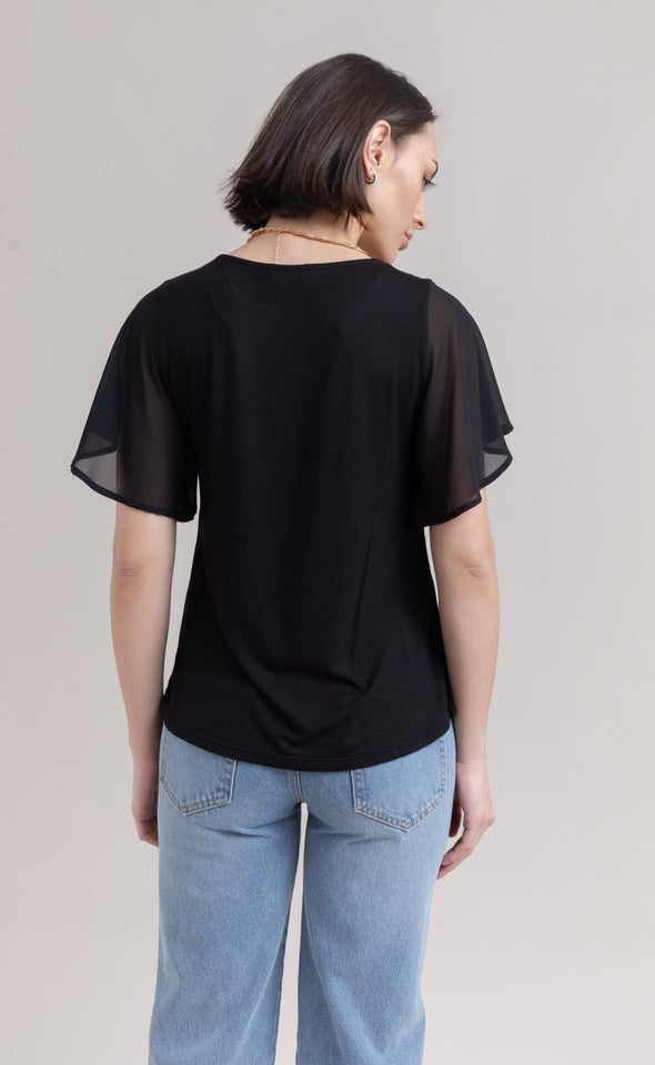 Jersey Back Flutter Sleeve Top Black