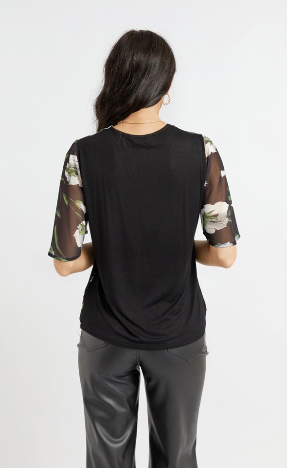 Jersey Back Flutter Sleeve Top Black Floral