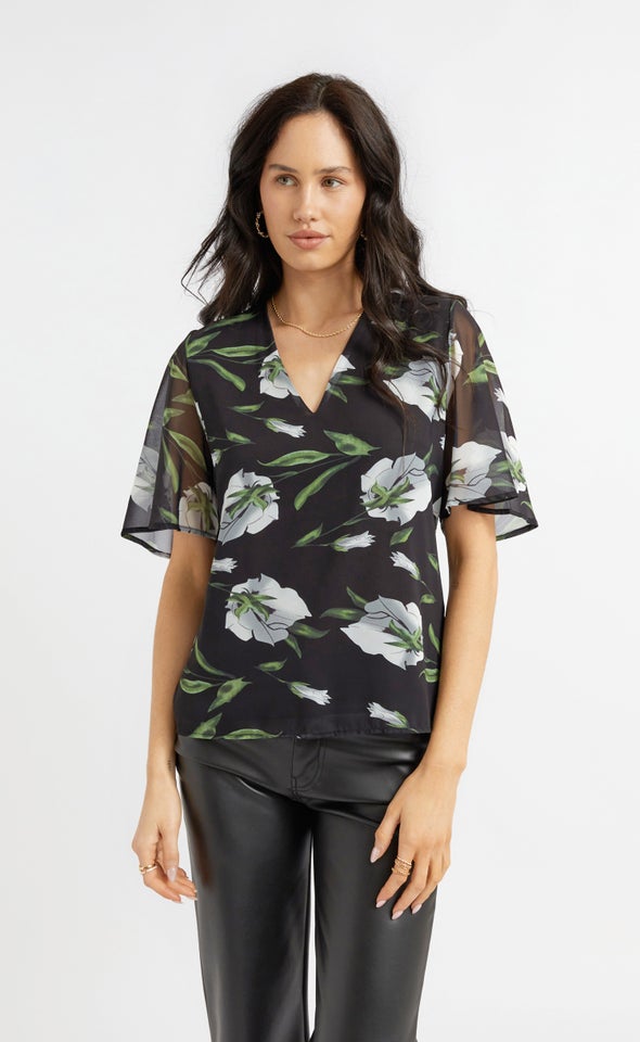 Jersey Back Flutter Sleeve Top Black Floral