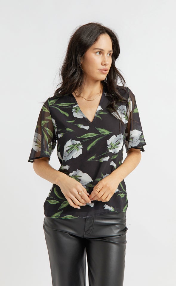 Jersey Back Flutter Sleeve Top Black Floral