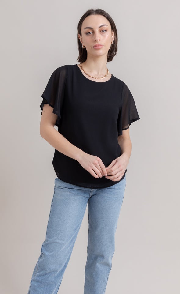 Jersey Back Flutter Sleeve Top Black