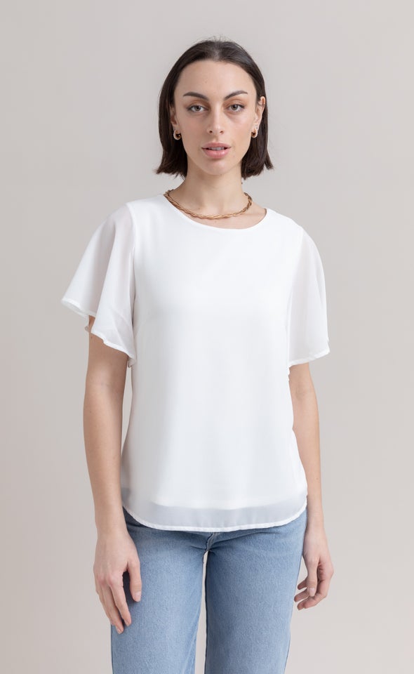 Jersey Back Flutter Sleeve Top Spring White