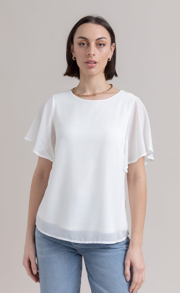 Jersey Back Flutter Sleeve Top Spring White