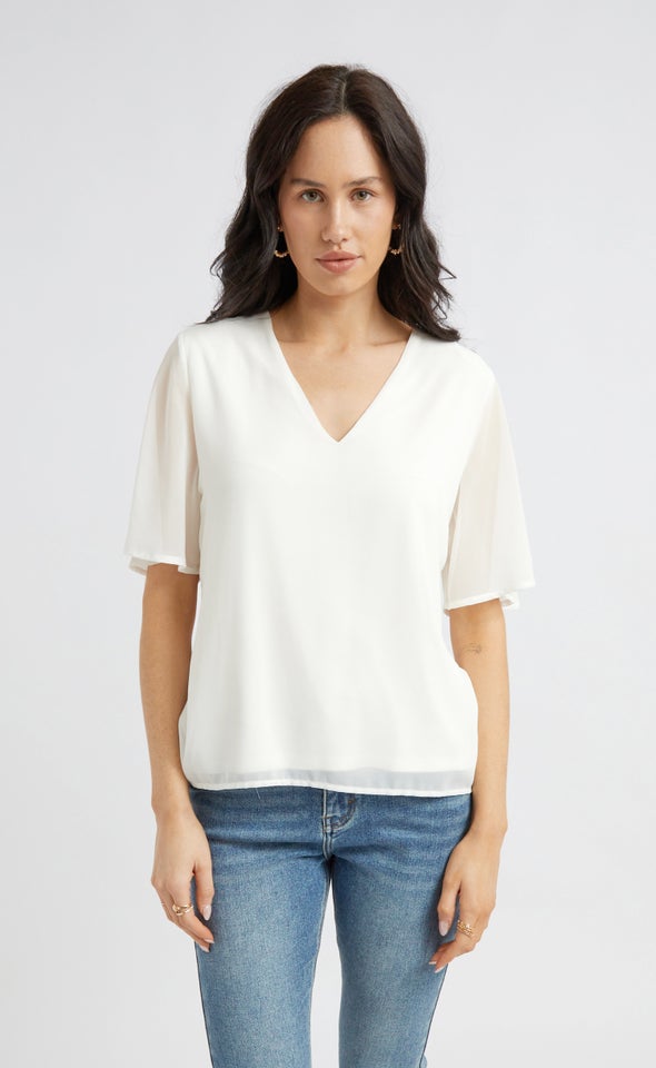 Jersey Back Flutter Sleeve Top Winter White